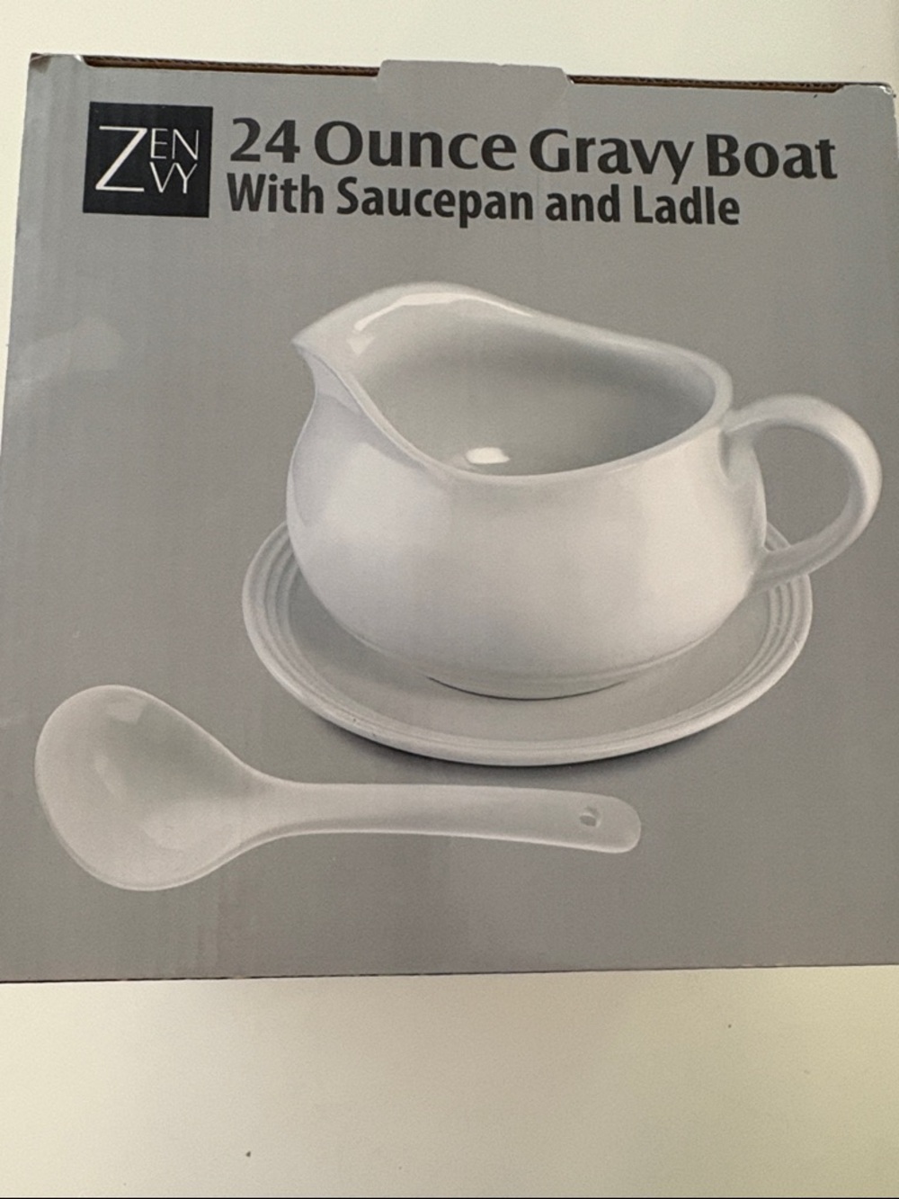 White Porcelain Gravy Boat with Saucer and Ladle